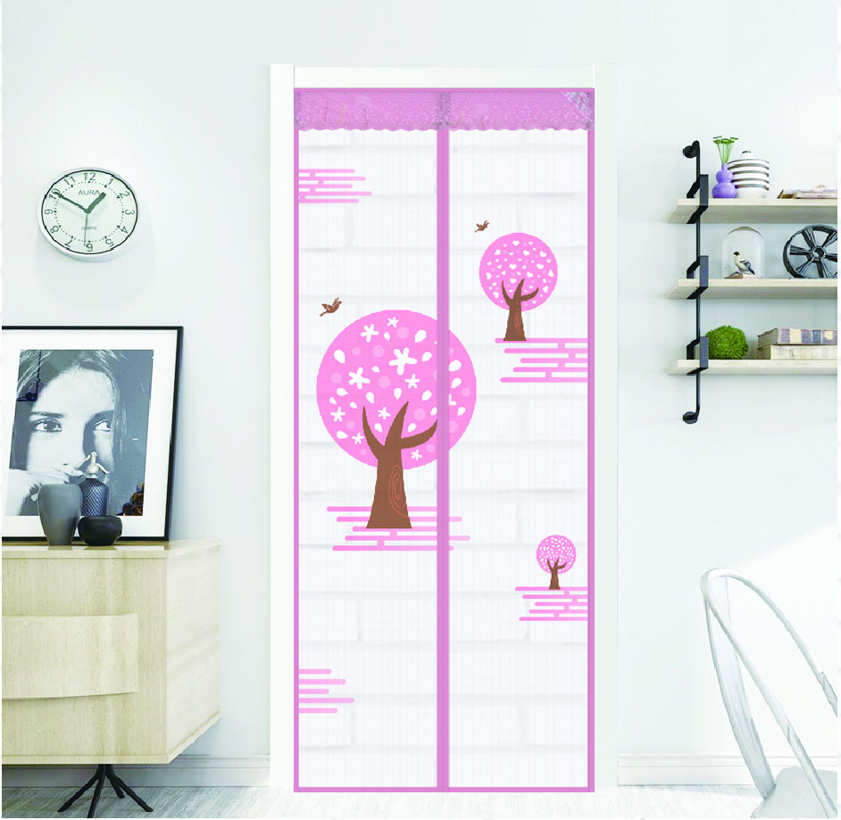 Wholesale and customization Magnetic fly bug printing mesh door curtain screen Small tree pink